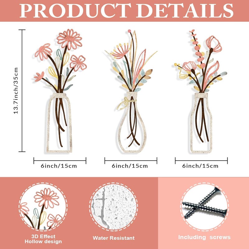 Pigort 3 Pieces Metal Flowers Wall Arts - Rustic Farmhouse Style Décor Metal Wall Art Black Minimalist Flower Natural Themed Wall Decors for Home Bedroom Dining Room Housewarming (Pink Beige) - Image 2